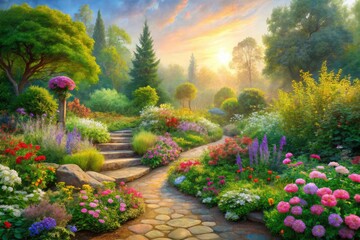 Vibrant watercolor painting depicts a serene garden scene with delicate flowers, lush greenery, and winding stone paths, surrounded by soft, dreamy morning light.