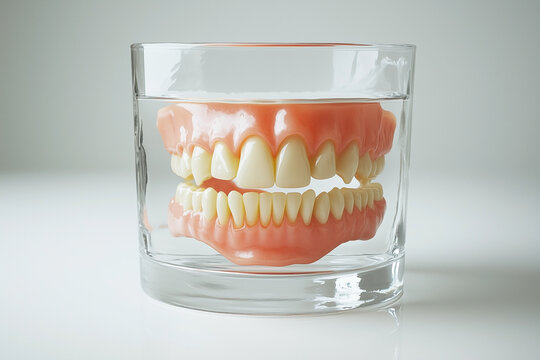 A set of dentures in a glass of water on a white background. False teeth
