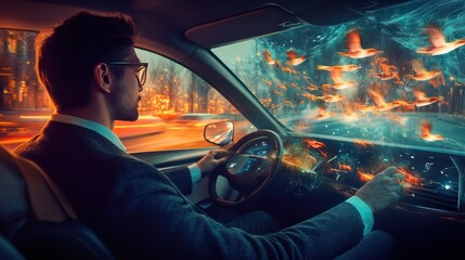 A businessman in a high-tech vehicle, with a digital dashboard displaying bird migration patterns, emphasizing the intersection of technology, business, and environmental awareness