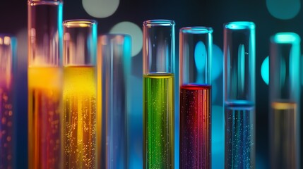 Fototapeta premium Highdefinition shot of a lab test tube, highlighted with vivid chemical solutions, taken using a Nikon D850 and 85mm lens, focusing on scientific detail