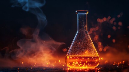 Highresolution image of an Erlenmeyer flask with boiling liquid, photographed with a Nikon D780 and a 85mm macro lens, highlighting chemistry in action