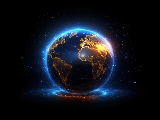 Obraz premium A stunning 3D rendering of Earth surrounded by glowing lights, representing technology and global connectivity.