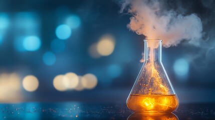 Highresolution image of an Erlenmeyer flask with boiling liquid, photographed with a Nikon D780 and a 85mm macro lens, highlighting chemistry in action