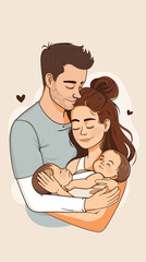 Loving Couple Hugging with Newborn Baby, Multiracial Family Portrait Representing Tolerance