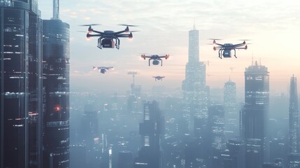 A futuristic cityscape with drones seamlessly navigating the skies, delivering packages to high-rise buildings with pinpoint accuracy, while avoiding other air traffic