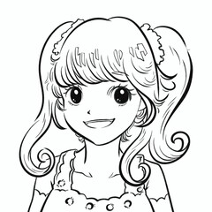 Cute black and white anime or manga japanese styled girl drawing with double ponytails hairstyle isolated on square background. Drawing for coloring book.