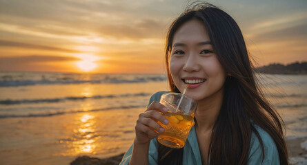 Joyful Asian female sipping drink by beach with sunset background
