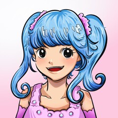 Colorful cute anime or manga japanese styled girl drawing with blue double ponytails hairstyle and pink clothes isolated on square pink background.