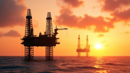 Obraz premium Golden Sunset Silhouettes of Oil Rigs in the Energy Sector - with Copy Space and Selective Focus in