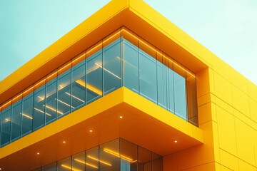 Fototapeta premium An abstract representation of steel girders and glass panels intersecting to form a modern building facade, set against a pastel yellow background,