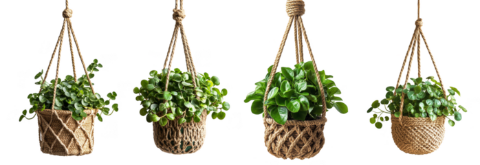 Hanging planters with lush green leaves decorative indoor plant holders transparent background