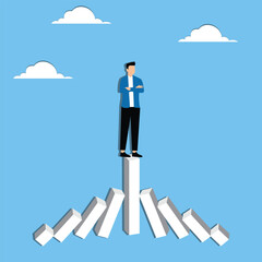 Strong business during recession, well prepared management against negative economic impact, surviving company concept, Businessman standing on strong bar graph unaffected by domino effect