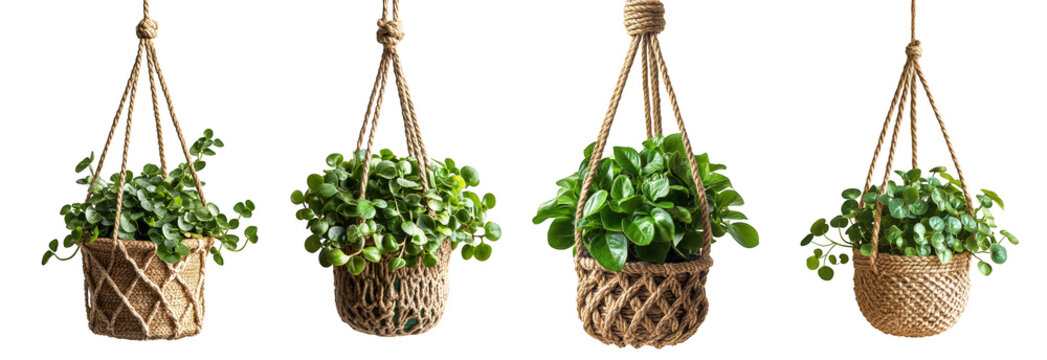 Hanging planters with lush green leaves decorative indoor plant holders transparent background