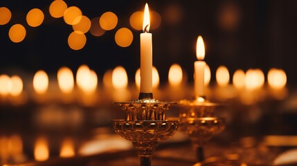 Fototapeta premium Cartoon illustrations of lighted candles on the table to celebrate Hanukkah,generated with AI.