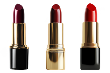 Luxurious red lipsticks in sleek black and gold tubes premium beauty cosmetics transparent background
