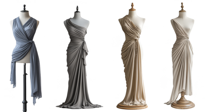 Draped mannequins displaying elegant floor-length dresses in neutral tones stylish formal wear transparent background