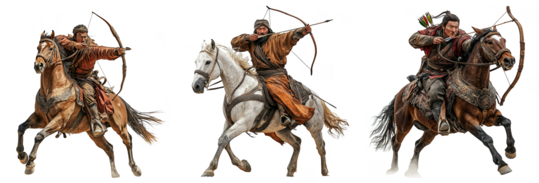 Archers on horseback aiming their bows in historical battle attire traditional mounted warriors transparent background