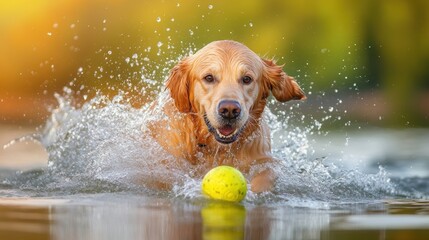 Golden retriever swimming in the water, playfully fetching an orange ball, with splashes all around, capturing a fun outdoor moment.