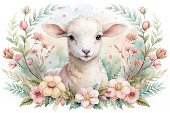 Whimsical watercolor illustration of a gentle lamb surrounded by soft, dreamy floral patterns and subtle pastel hues, evoking a sense of peaceful innocence.