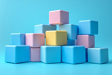 Obraz premium An abstract arrangement of building blocks with one taller block in the center, surrounded by smaller ones leaning against it, set against a pastel blue background,