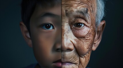 Obraz premium The face is divided into two halves - half of an Asian boy and half of an old Asian man. Distinguishing childhood and old age, aging, maturation, longevity, lifespan, aging, gerontology.