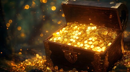 Treasure box overflowing with sparkling gold coins, soft, golden light accentuating the shine, blurred background hinting at a hidden treasure room, elaborate chest design,