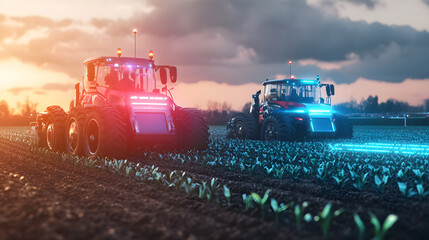 Self-driving agricultural machines are working efficiently in a field during sunset, illuminated by vibrant lights and showcasing modern farming technology