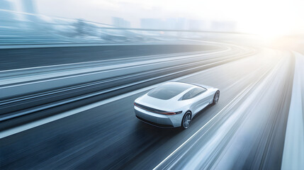Obraz premium A sleek autonomous car driving smoothly on a futuristic highway with a blurred motion effect conveying speed and innovation