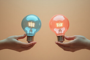 An abstract representation of a light bulb being handed from one person to another, symbolizing the transfer of ideas, isolated on a pastel beige background,