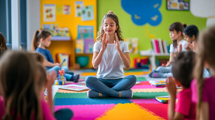 A teacher leads a mindfulness class, guiding children in meditation on colorful mats, fostering calmness and focus in a bright classroom setting