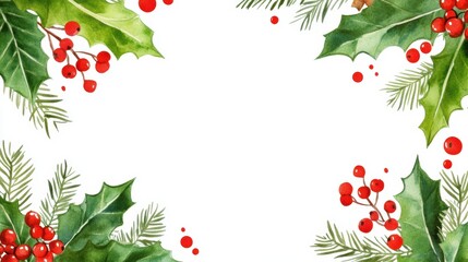 Watercolor painting of green leaves and red berries forming a festive border on white background, isolated on white. Natural holiday decor concept.