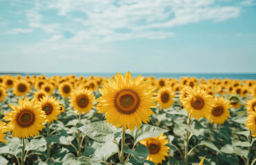 Fototapeta premium sunflowers in the field with beautiful sunlight on it. Created with Ai