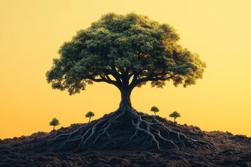 A stylized tree with deep roots and branches reaching out, with smaller saplings growing around it, set against a pastel yellow background,