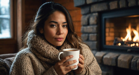 Peaceful Hispanic female sipping hot drink by winter fireplace background