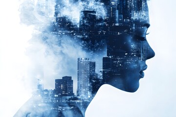 A woman's face is shown in a blue