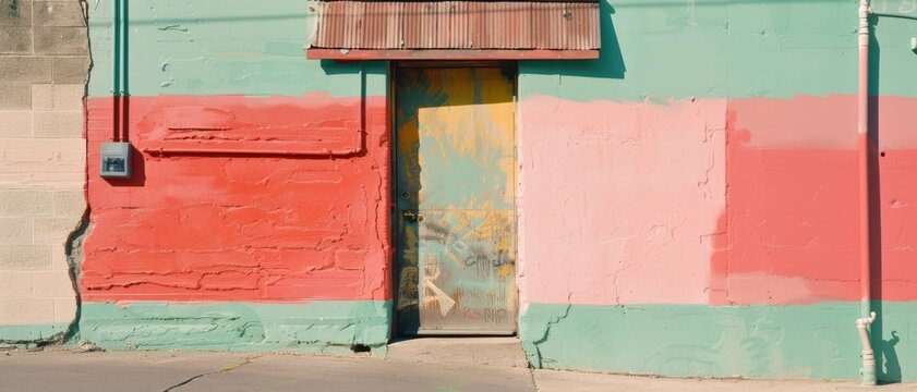 Colorful dilapidated wall with a rusty door contrasts with the bright sunlight and shadows.