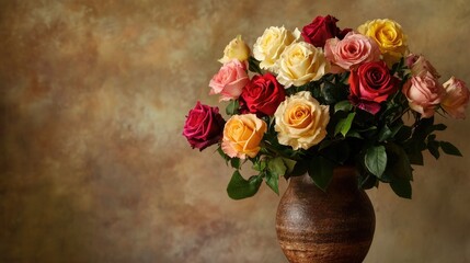 Obraz premium Mixed roses in a rustic ceramic vase, offering a warm and colorful floral arrangement perfect for a homely setting.