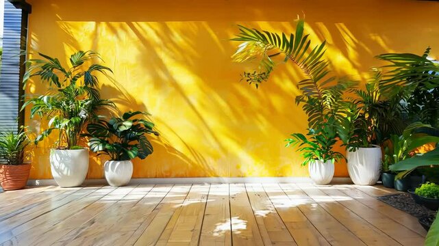 Sunny Patio with Lush Greenery and Vibrant Yellow Wall Background