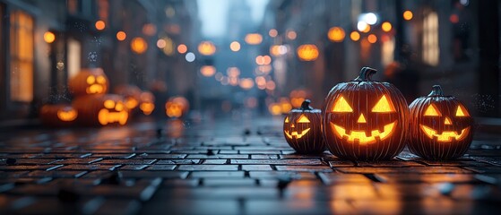 Neon-lit Halloween street, glowing jack-o'-lanterns, cyberpunk vibe, 3D illustration