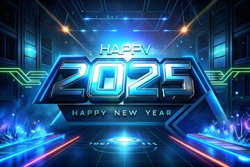 A  sleek digital countdown theme. Happy New Year 2025 is in a futuristic, glitch-style font with animated numbers in the background. Neon blue and silver accents with tech modern, dynamic design