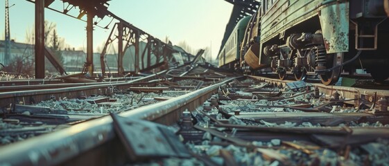 The dilapidated railroad tracks stretch out under a damaged bridge, invoking a sense of abandonment and decay in an industrial setting.