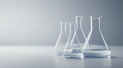 Several chemical flasks standing on a grey background, with soft lighting enhancing their transparency.