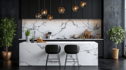 Modern Minimalist Kitchen with Marble Island and Black Accents Interior Design and Decor