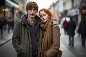 A man and a woman are standing on a street, both wearing coats