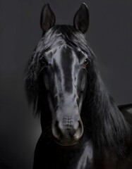 black horse portrait with long black hair isolated on dark background. 