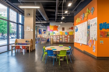 Bright and Spacious Modern Kids Arts and Crafts Classroom with Large, Colorful Art Displays.