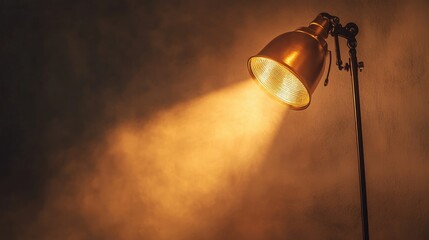 Spotlight under a golden lamp in a studio, creating a focused beam of light with plenty of negative space around it.