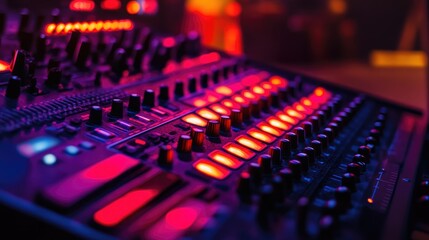 Obraz premium Stage lighting control panel in focus, with switches and dials set for the perfect light show.