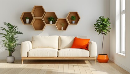 Cozy living room featuring a cream sofa, wooden hexagon shelves adorned with plants, light wood flooring, and an orange cushion by the window