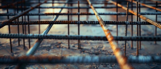 Rusted metal rebars in a construction site, through a perspective shot showing depth and an industrial feel.